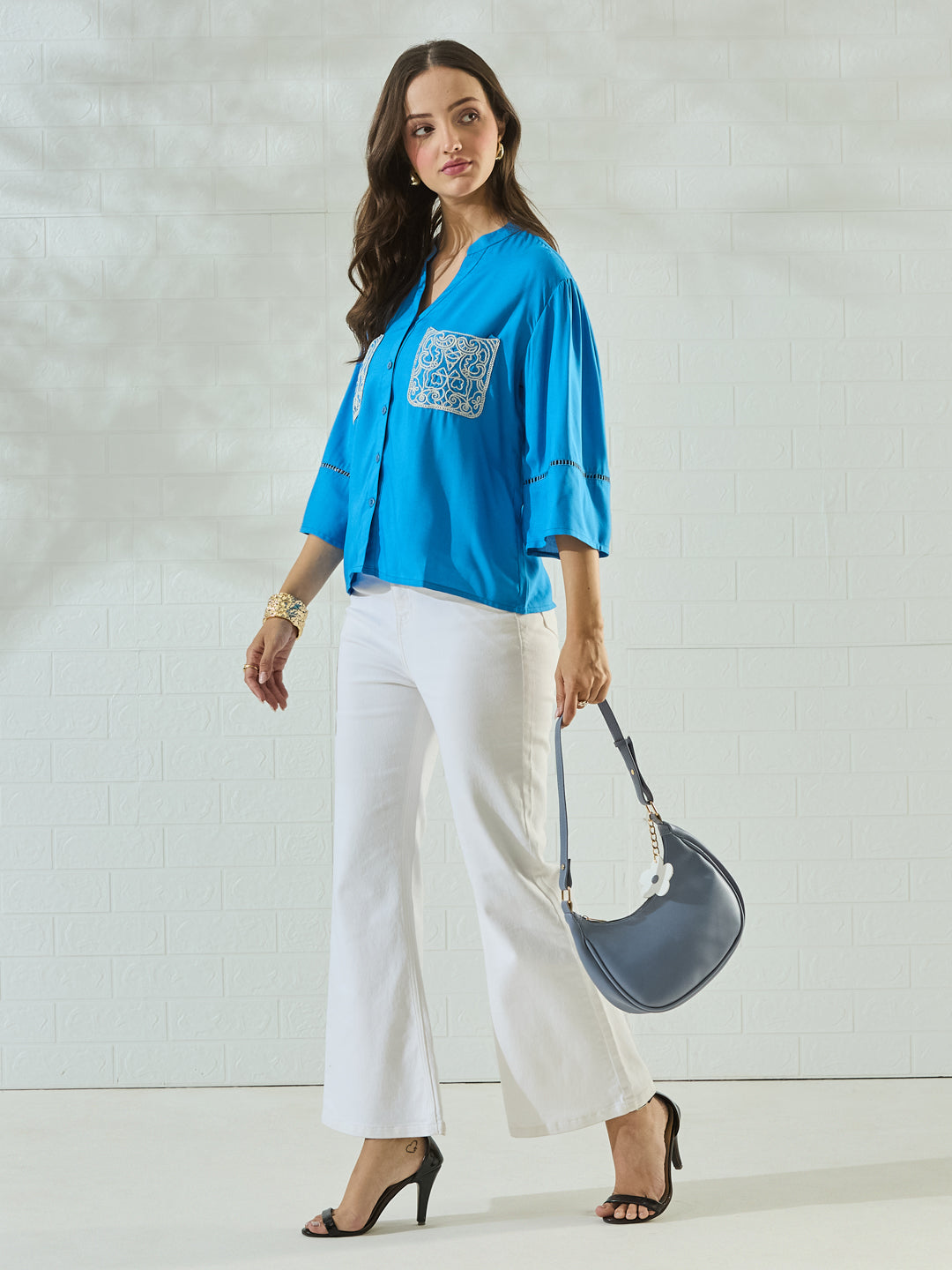 Blue Rayon Button-Down Shirt with Embroidered Patch Pockets for Women