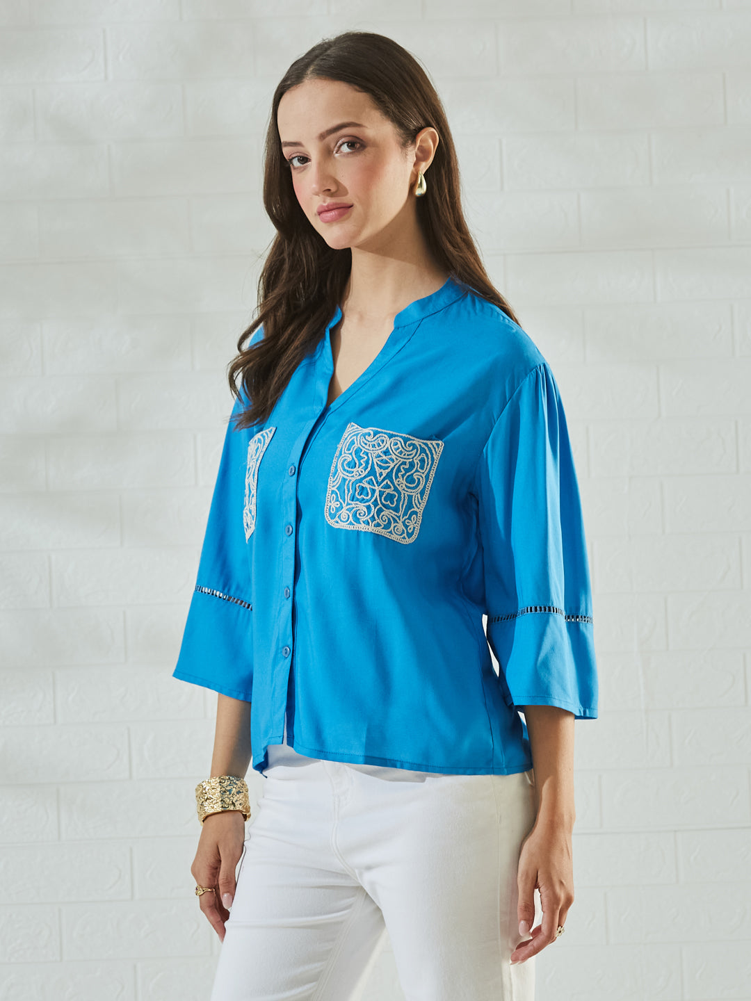 Blue Rayon Button-Down Shirt with Embroidered Patch Pockets for Women