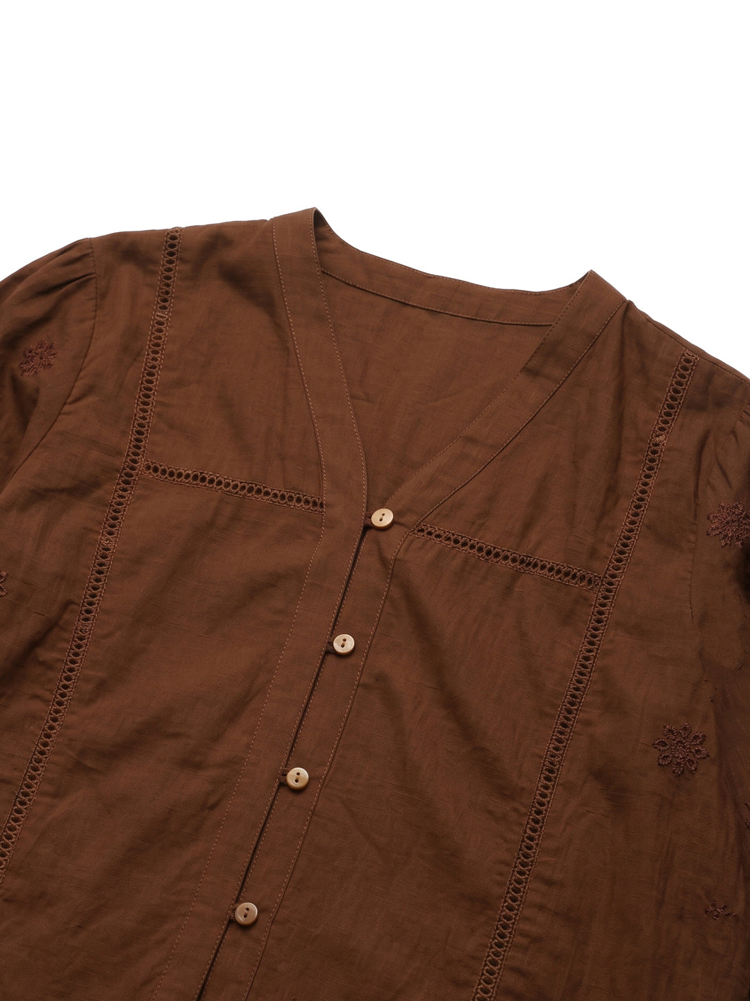 Women's Brown Embroidered V-Neck Cotton Regular Shirt