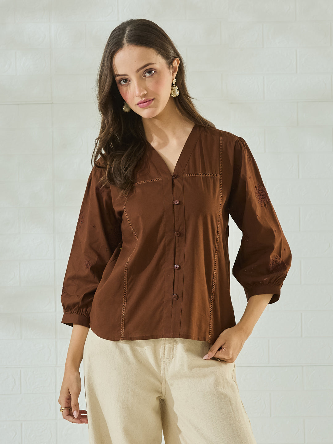 Women's Brown Embroidered V-Neck Cotton Regular Shirt
