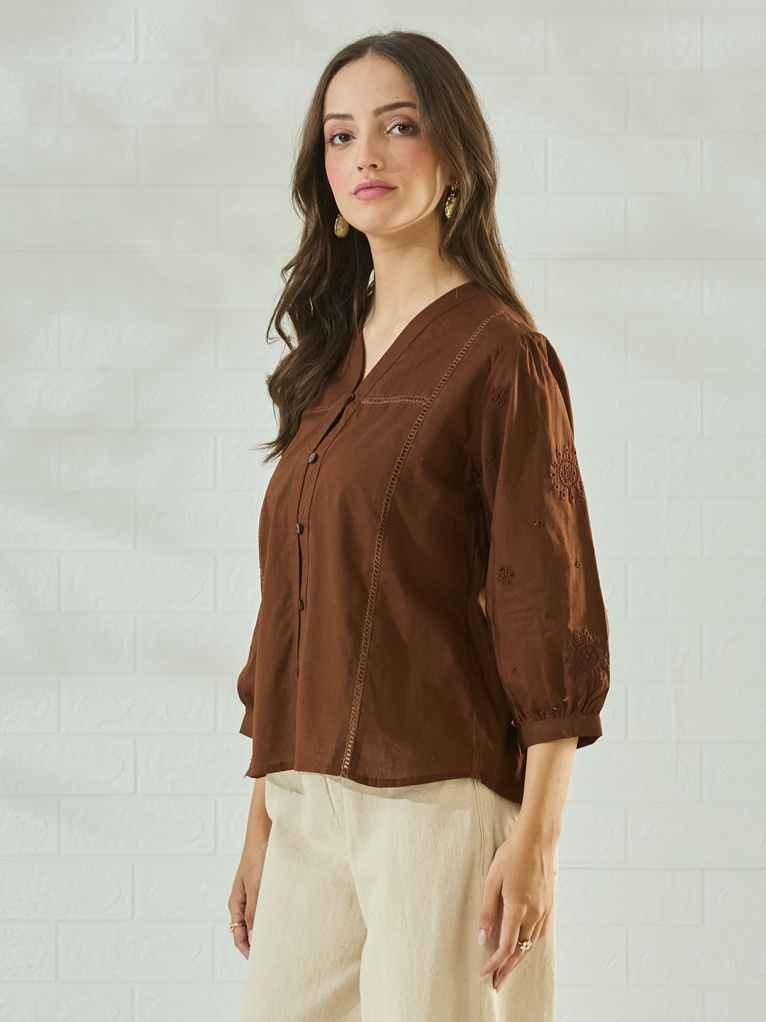 Women's Brown Embroidered V-Neck Cotton Regular Shirt