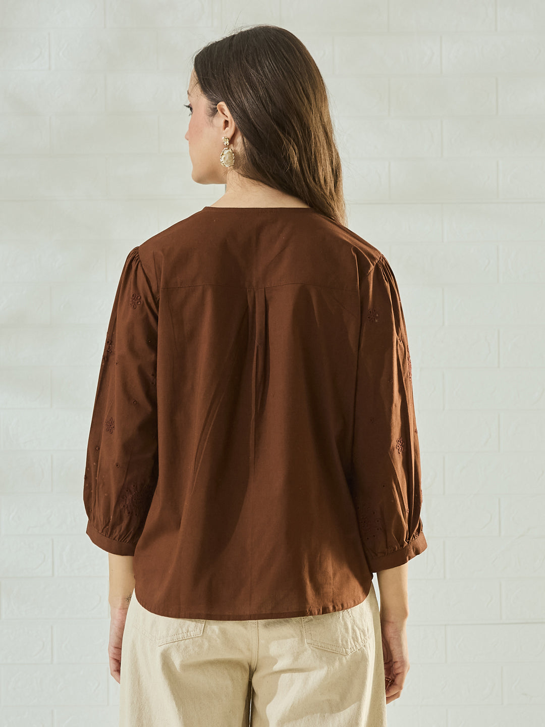 Women's Brown Embroidered V-Neck Cotton Regular Shirt