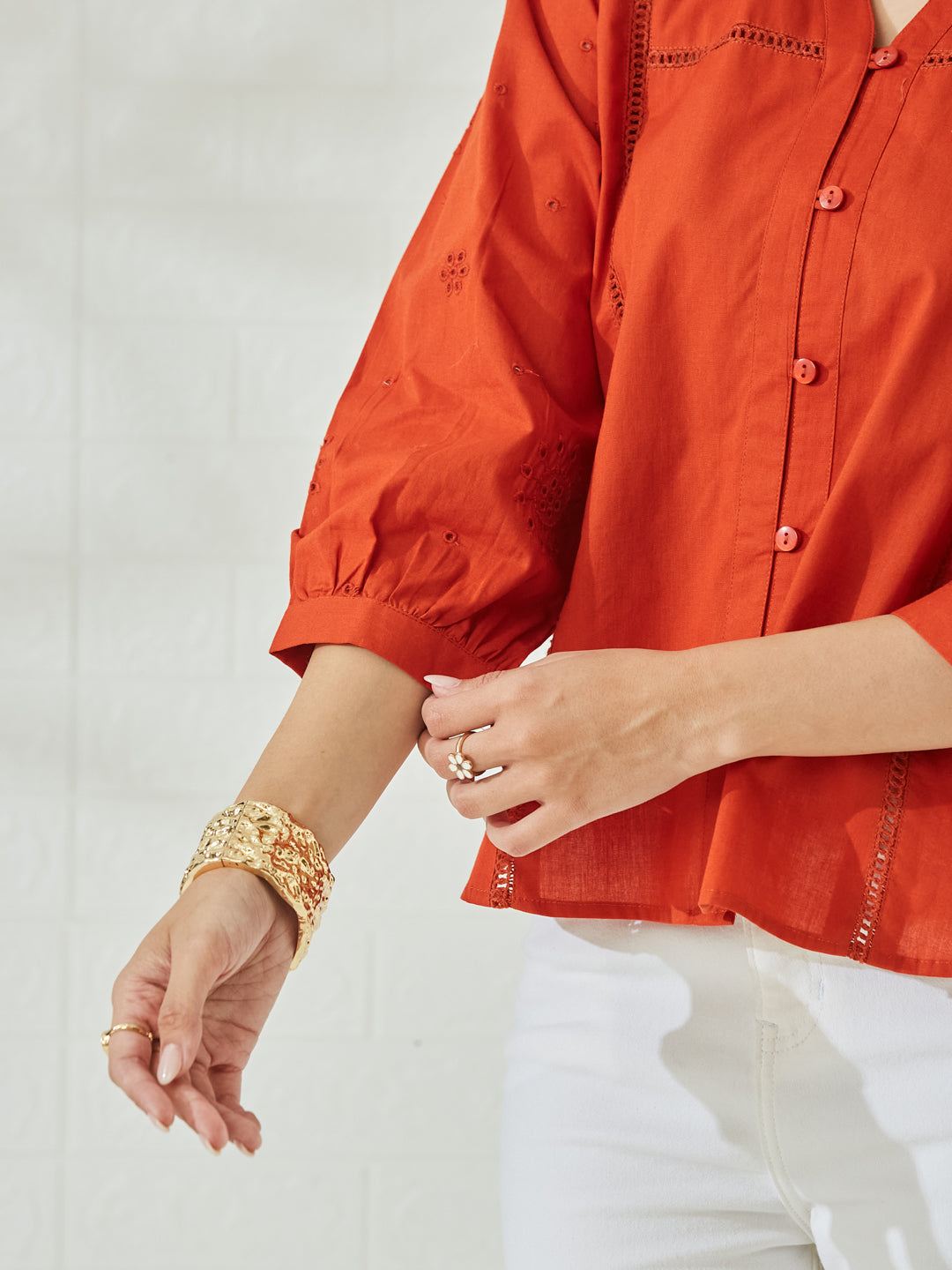 Orange Cotton Embroidered V-Neck Regular Shirt for Women