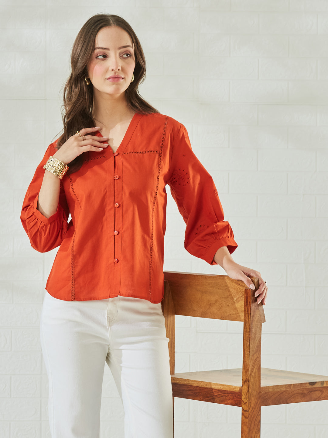 Orange Cotton Embroidered V-Neck Regular Shirt for Women