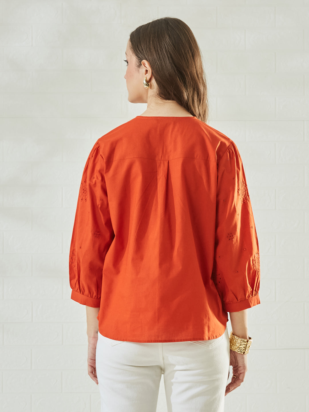 Orange Cotton Embroidered V-Neck Regular Shirt for Women