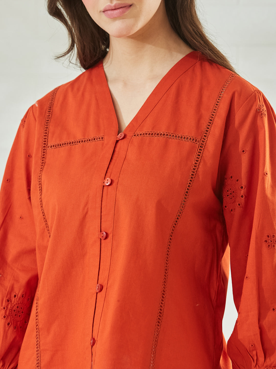 Orange Cotton Embroidered V-Neck Regular Shirt for Women