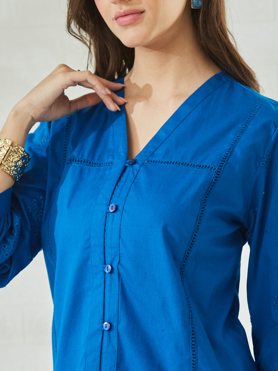 Women's Designer Royal Blue Embroidered Everyday Regular Shirt