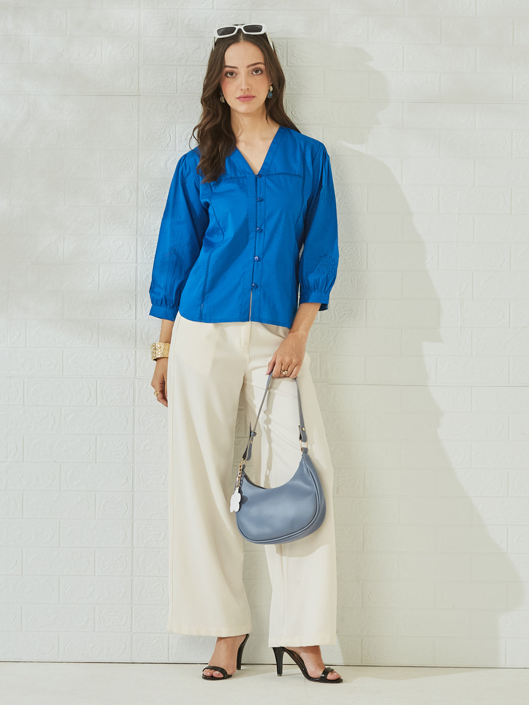 Women's Designer Royal Blue Embroidered Everyday Regular Shirt