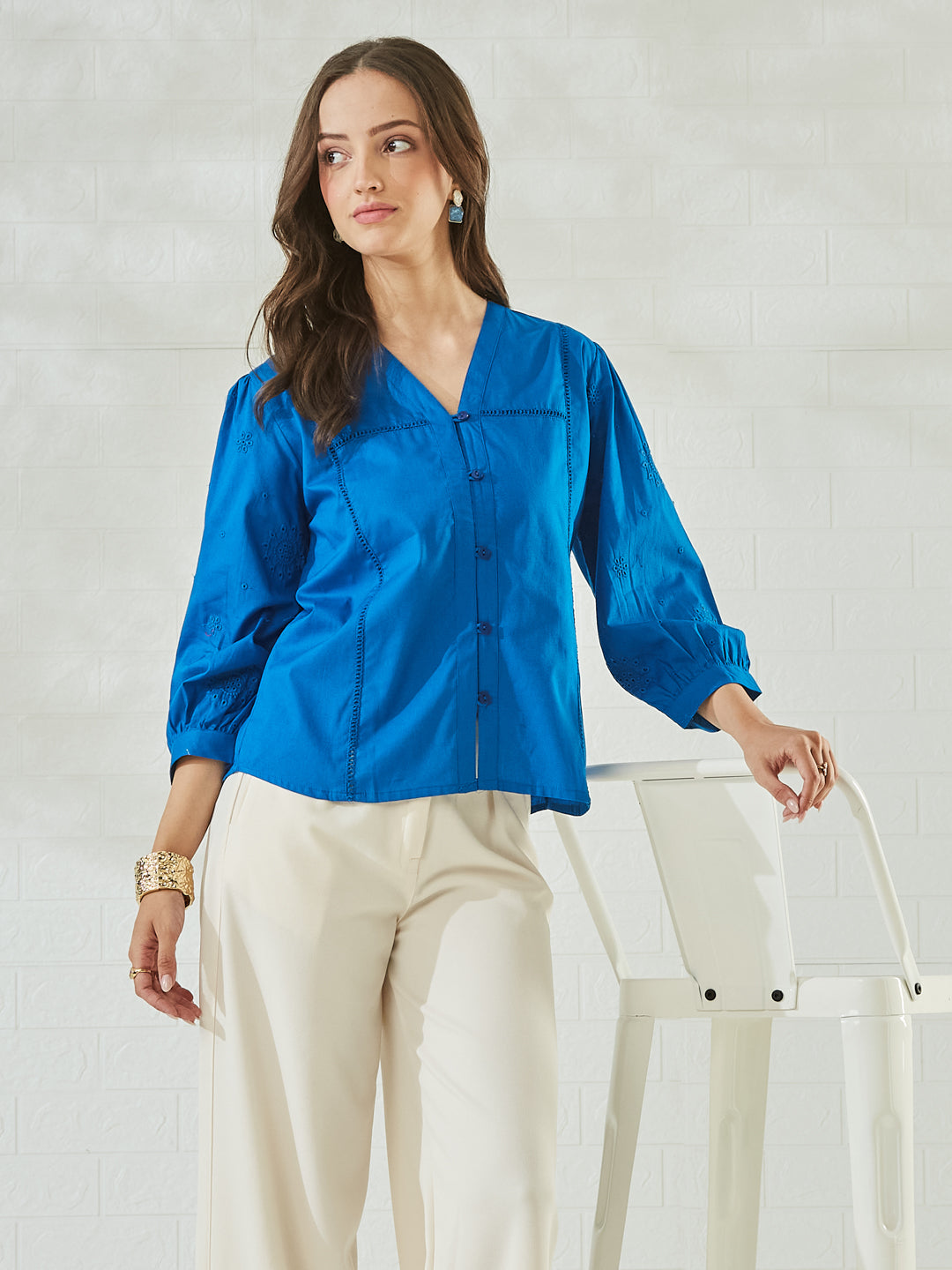 Women's Designer Royal Blue Embroidered Everyday Regular Shirt
