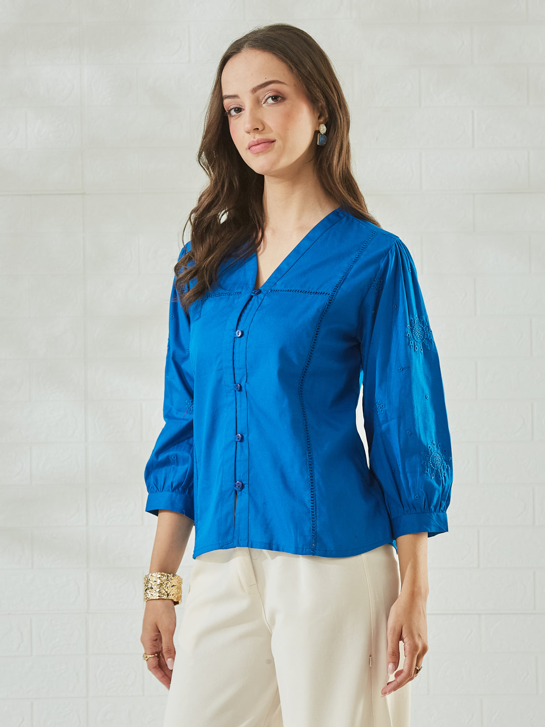 Women's Designer Royal Blue Embroidered Everyday Regular Shirt