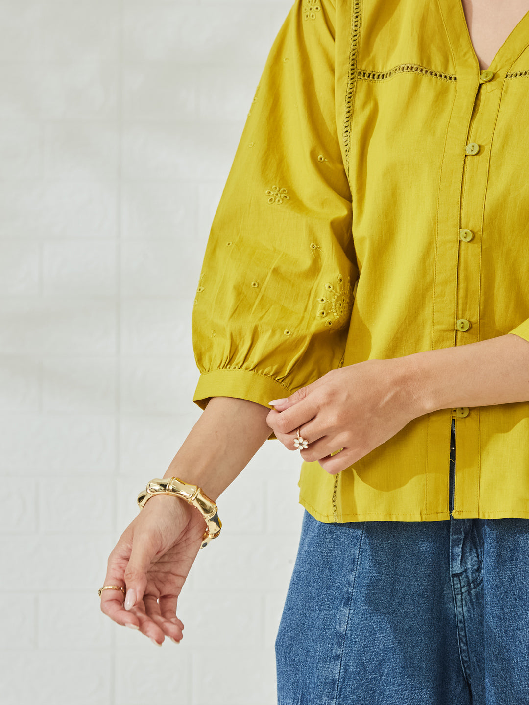 Women's Premium Yellow Cotton Button-Down Regular Shirt
