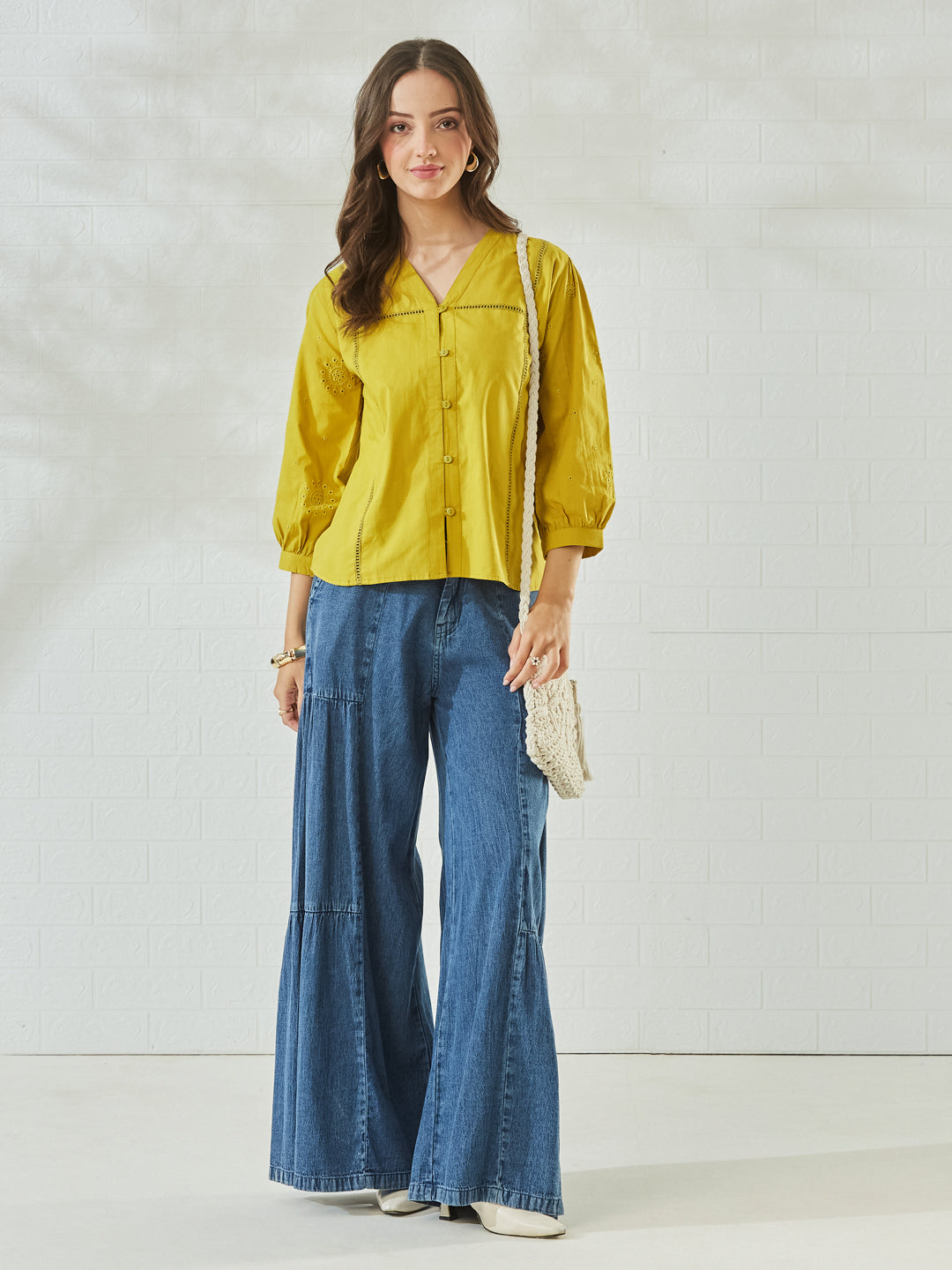 Women's Premium Yellow Cotton Button-Down Regular Shirt