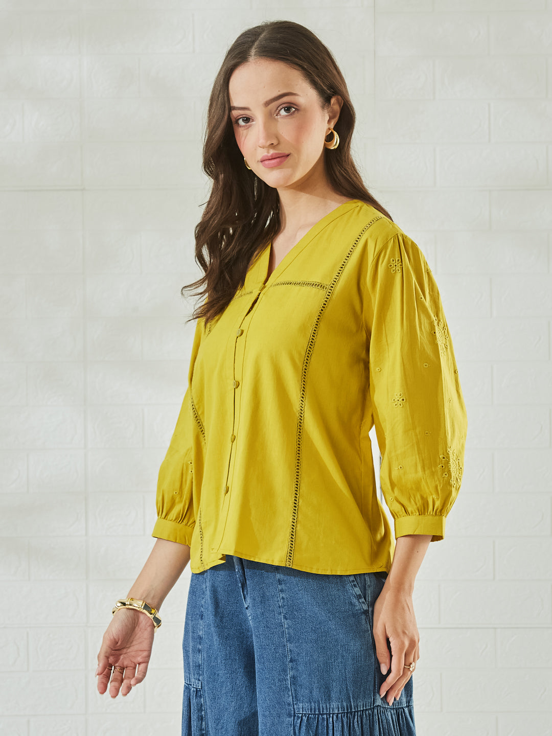 Women's Premium Yellow Cotton Button-Down Regular Shirt