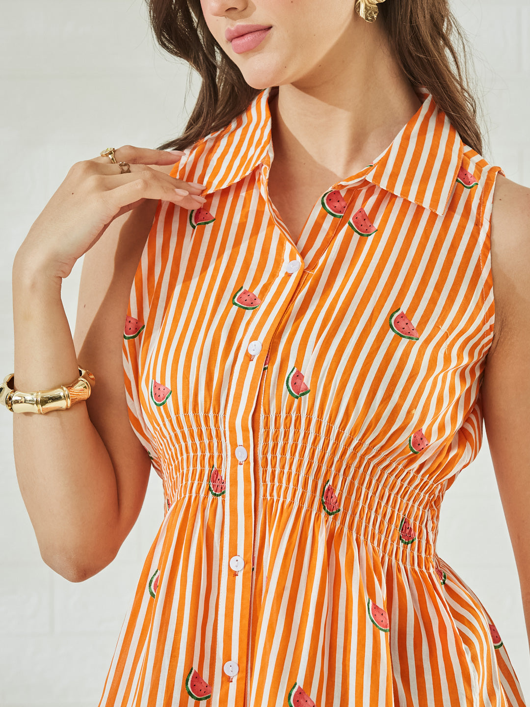 Women’s Orange Cotton Striped Watermelon Print Sleeveless Shirt