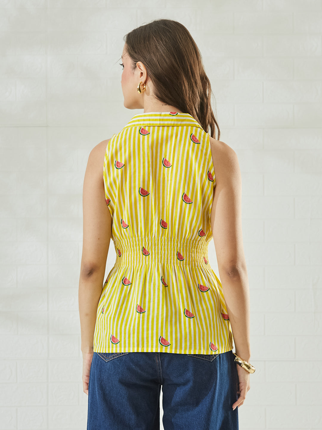 Women’s Cotton Orange & White Striped Watermelon Print Shirt