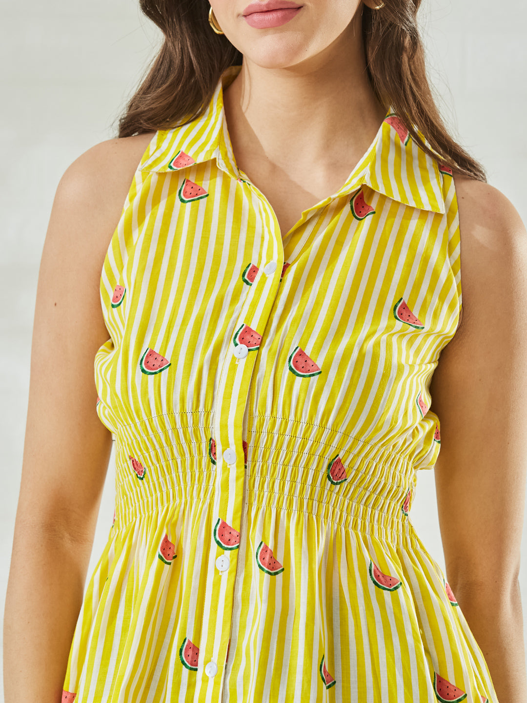 Women’s Cotton Orange & White Striped Watermelon Print Shirt