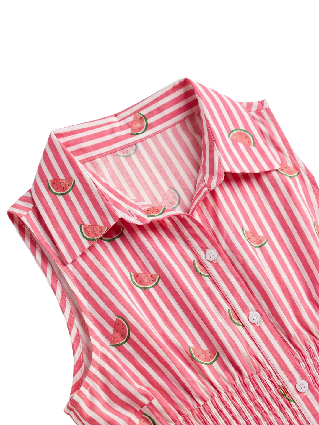 Women’s Pink Cotton Striped Button-Down Shirt with Watermelon Print