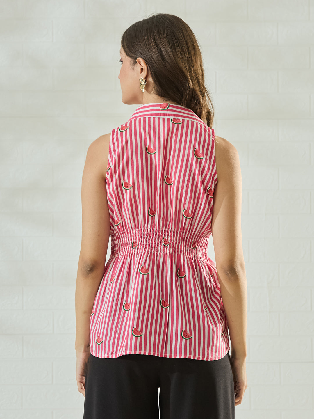 Women’s Pink Cotton Striped Button-Down Shirt with Watermelon Print