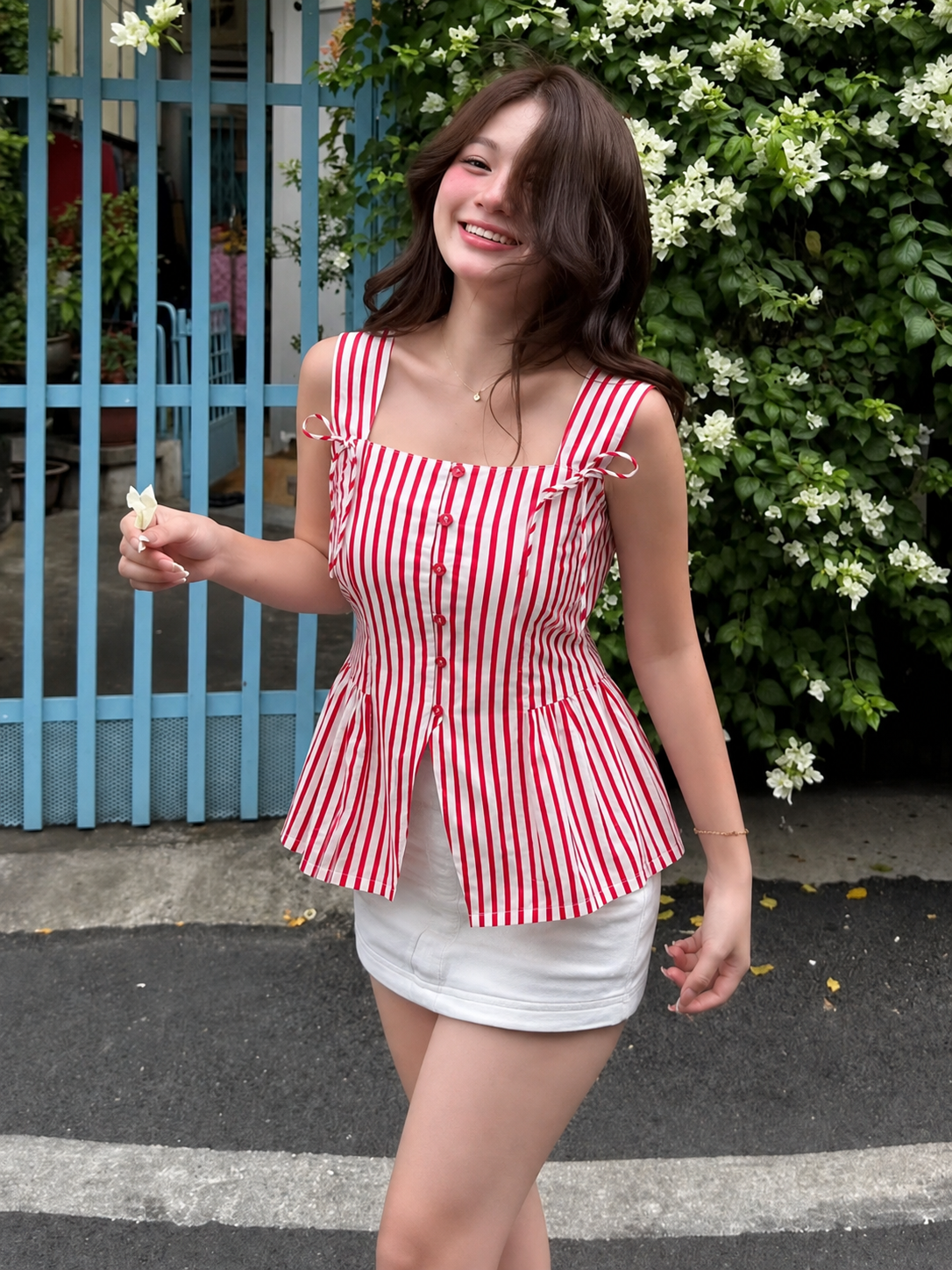 Women’s Pink Striped Cotton Peplum Top with Button Front & Tie-Up Straps