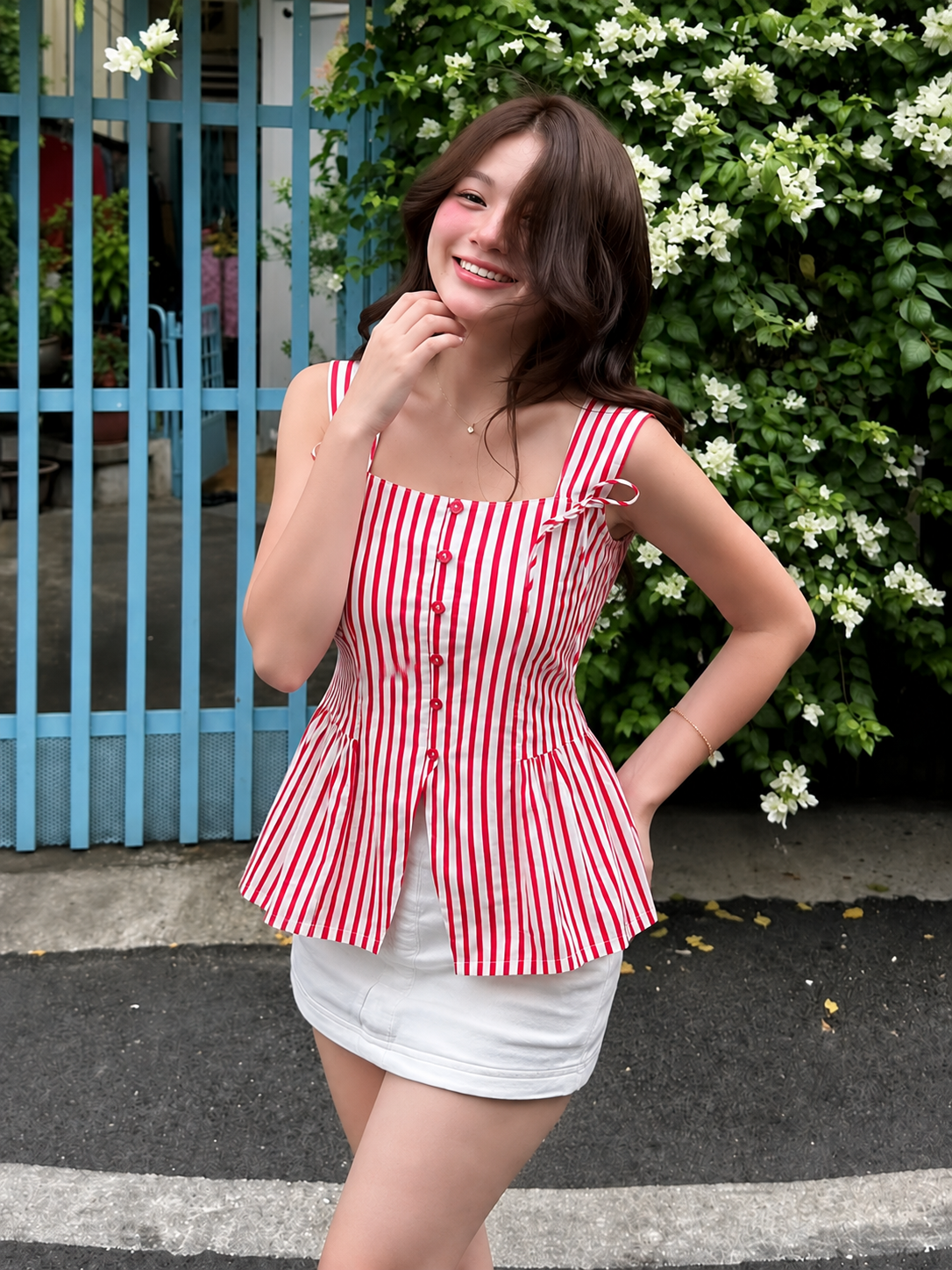 Women’s Pink Striped Cotton Peplum Top with Button Front & Tie-Up Straps