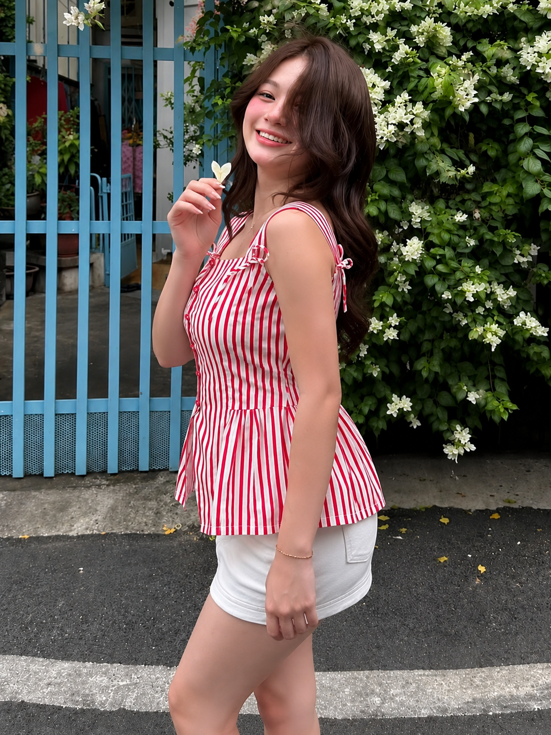 Women’s Pink Striped Cotton Peplum Top with Button Front & Tie-Up Straps