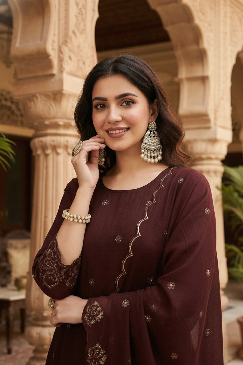 Coffee Silk Embroidered Suit with Palazzo Set for Women