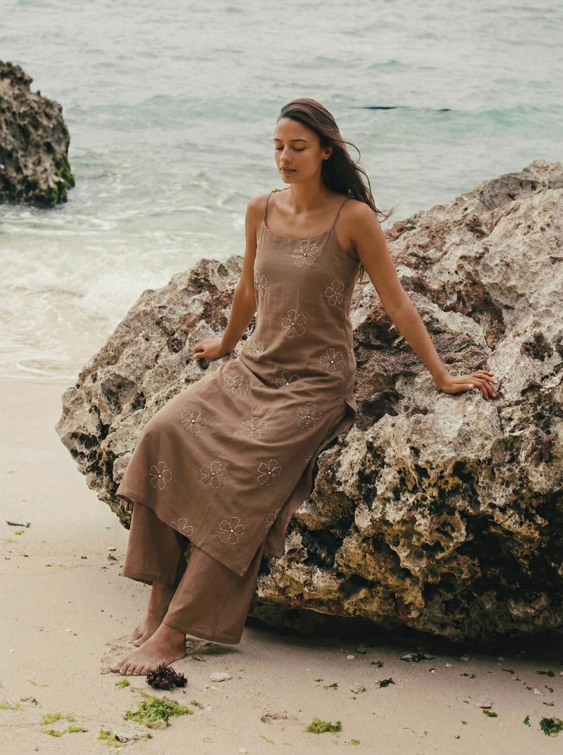 Beige Cotton Embroidered Kurta with Palazzo Set for Women