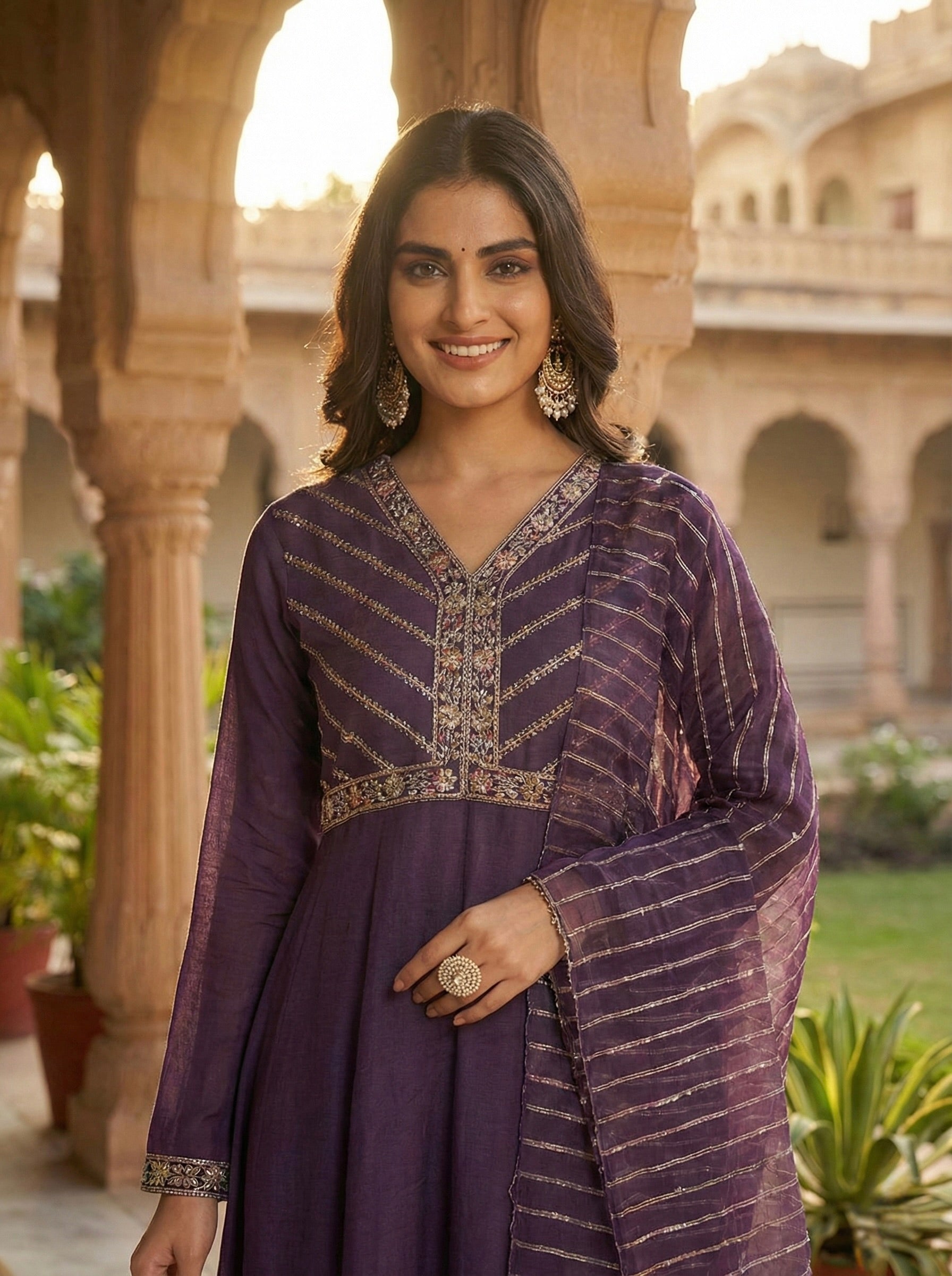 Purple Silk Embroidered Anarkali kurta with dupatta set