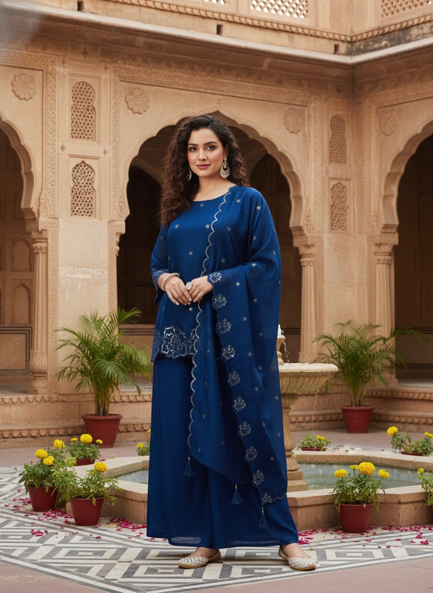 Teal Blue Silk Embroidered Suit with Palazzo Set for Women