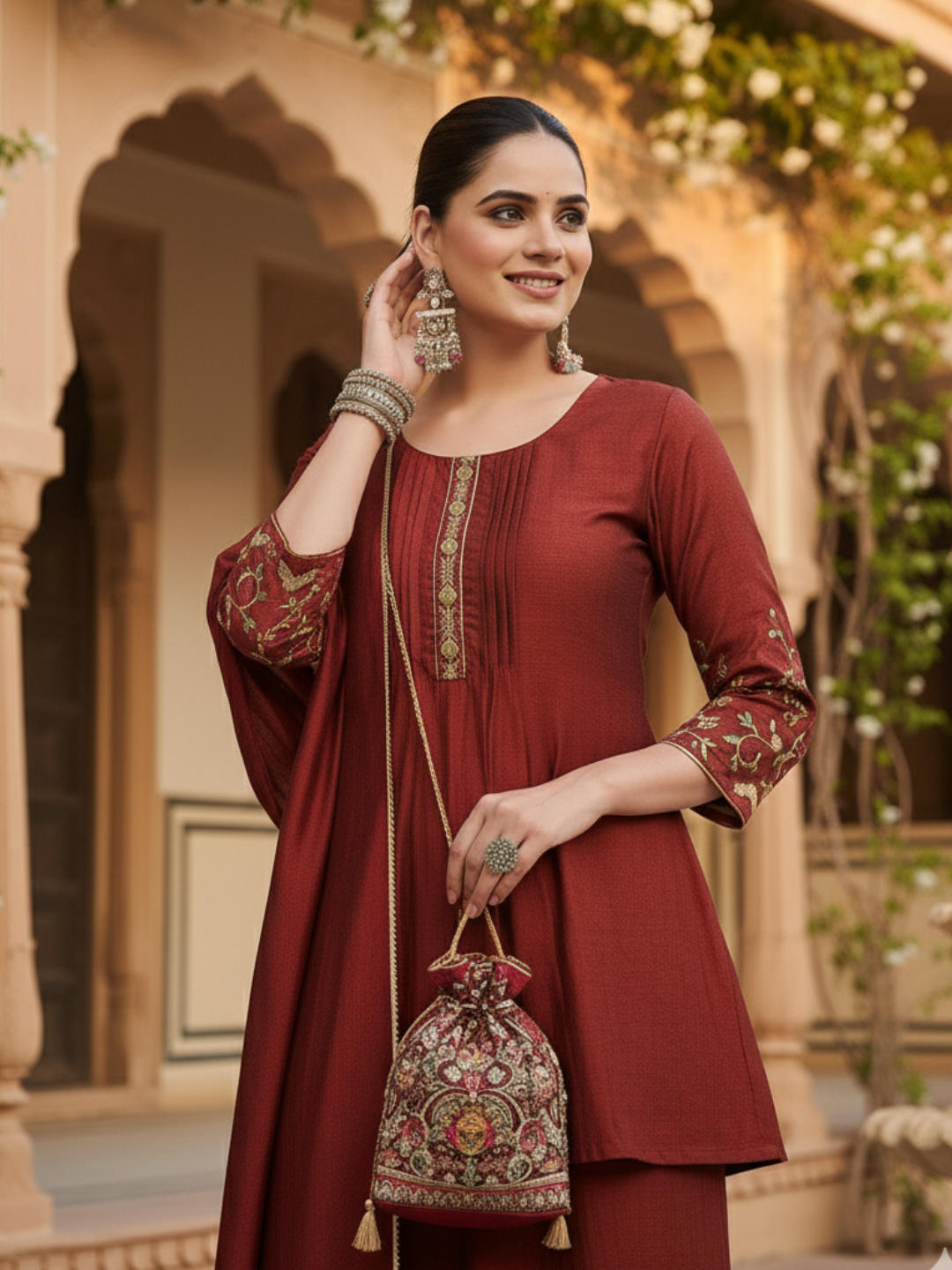 Brown Embroidered Peplum Top with Sharara Set