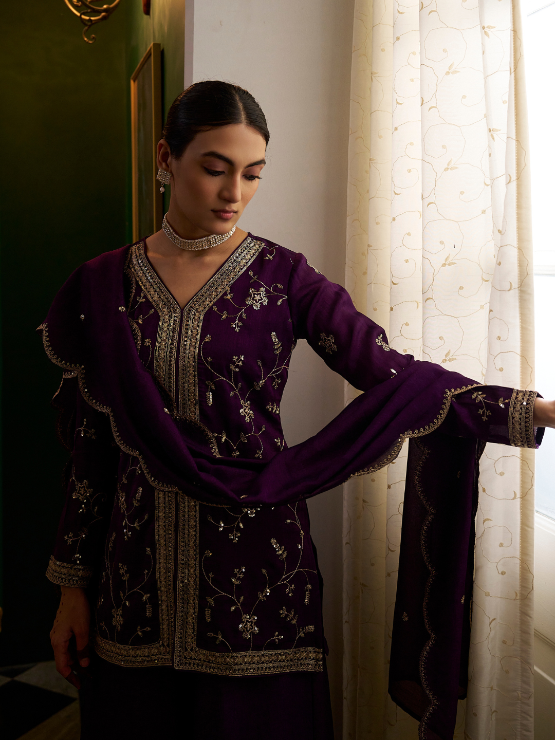 Violet Embroidered Peplum Top with Sharara Set