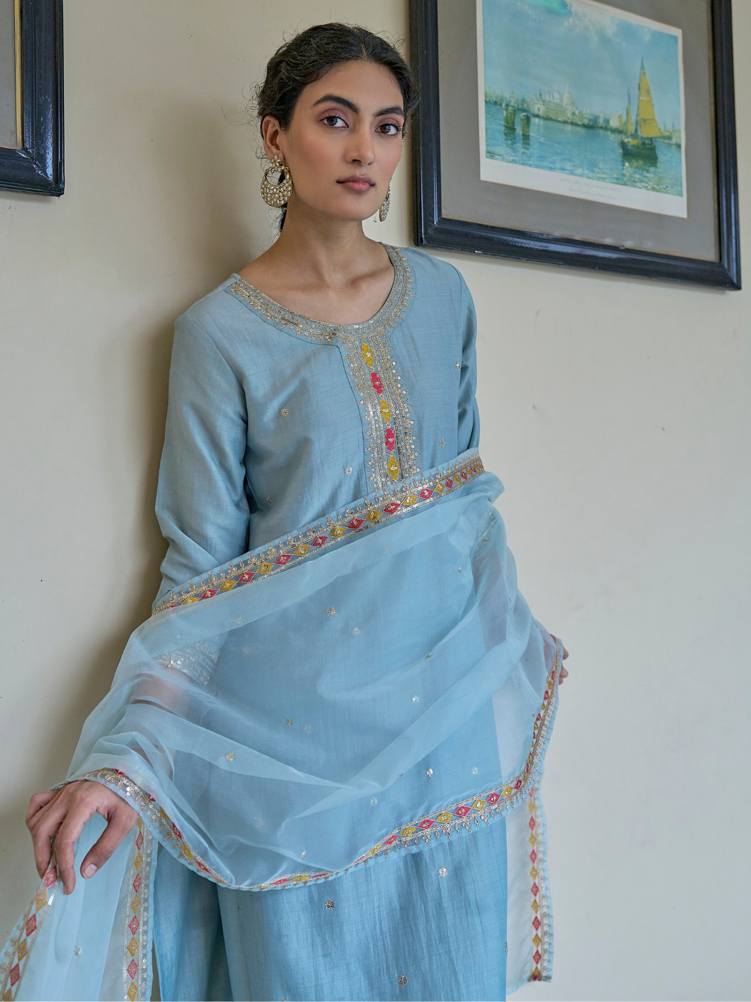 Sky Blue Embroidered chinon kurta with dupatta set