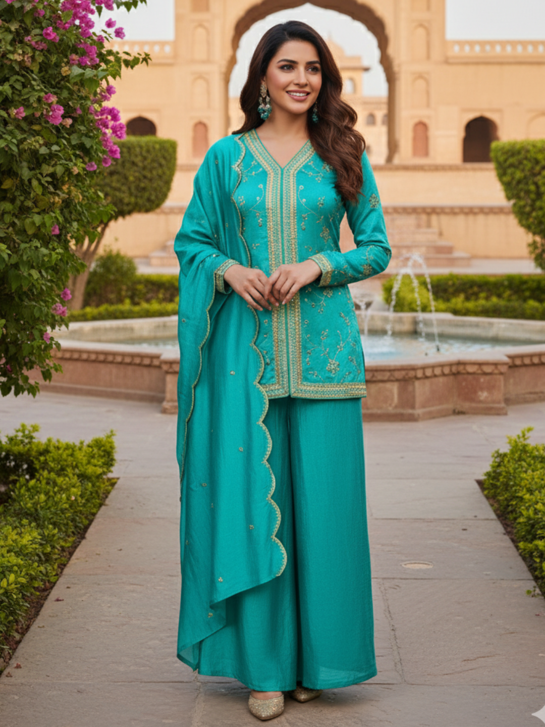 C-Green Embroidered Peplum Top with Sharara Set