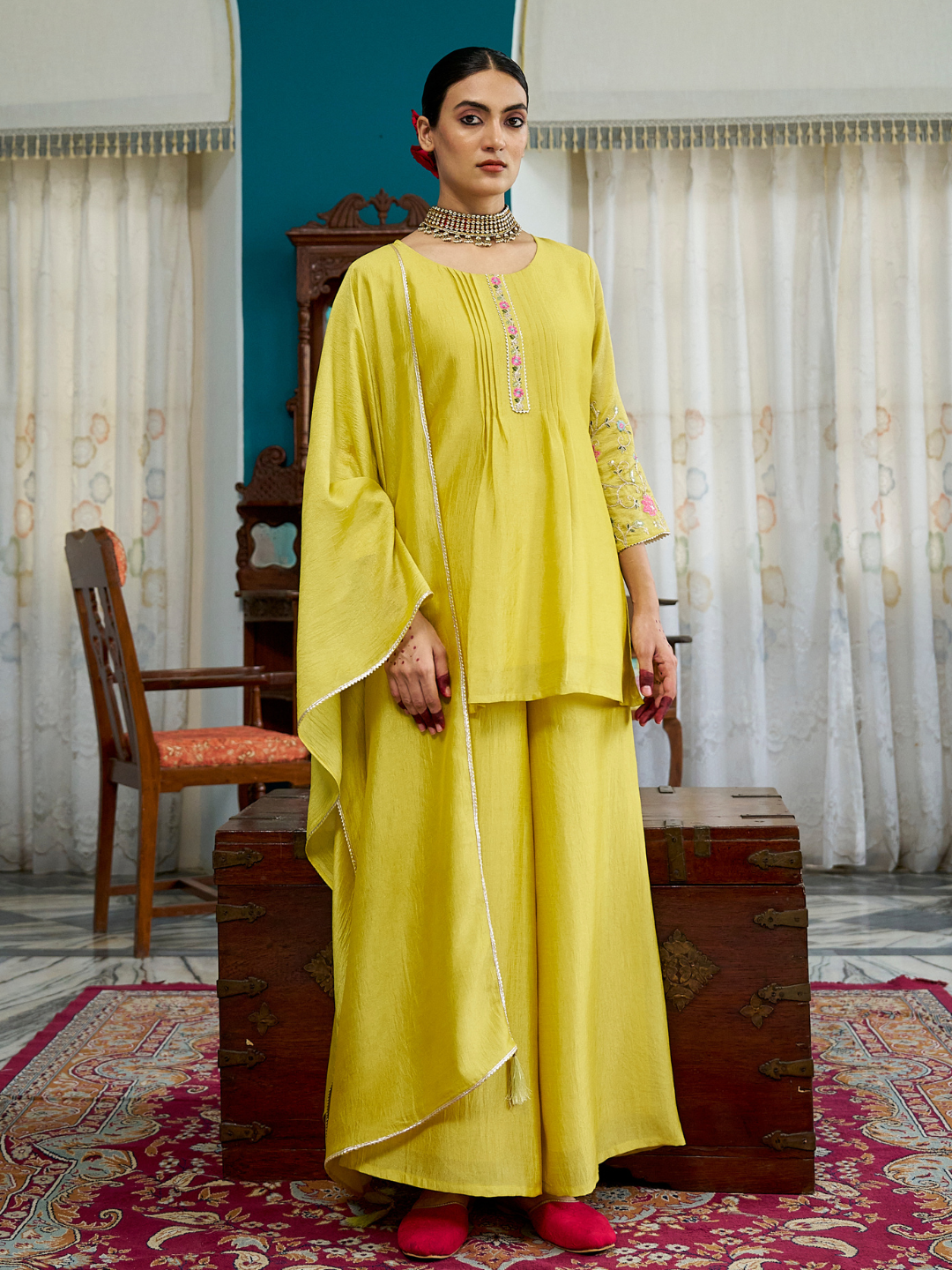 Lemon Yellow Embroidered Peplum Top with Sharara Set