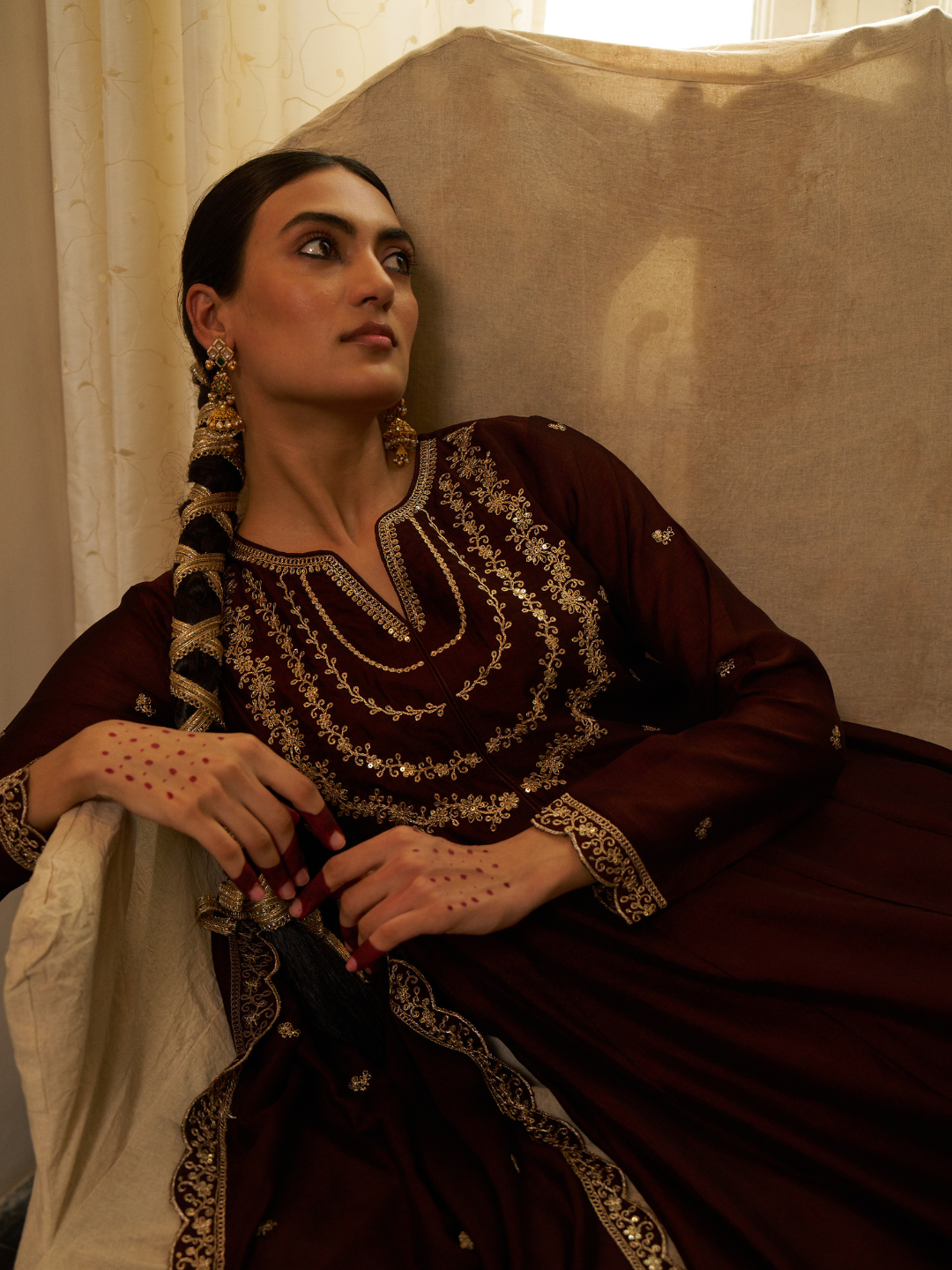 Brown Embroidered Silk Blend Anarkali Kurta With Dupatta Set