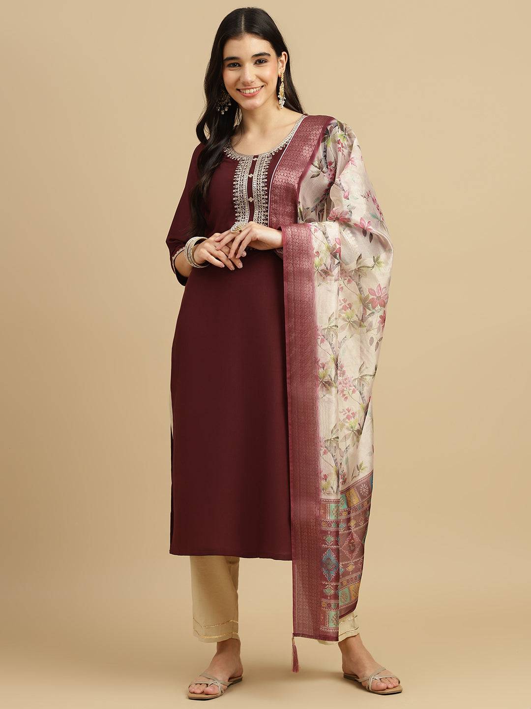 Maroon Embroidered Chinon Kurta Dupatta Set