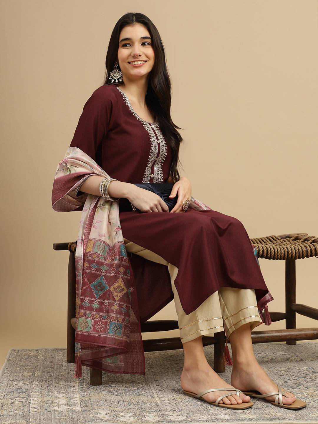 Maroon Embroidered Chinon Kurta Dupatta Set