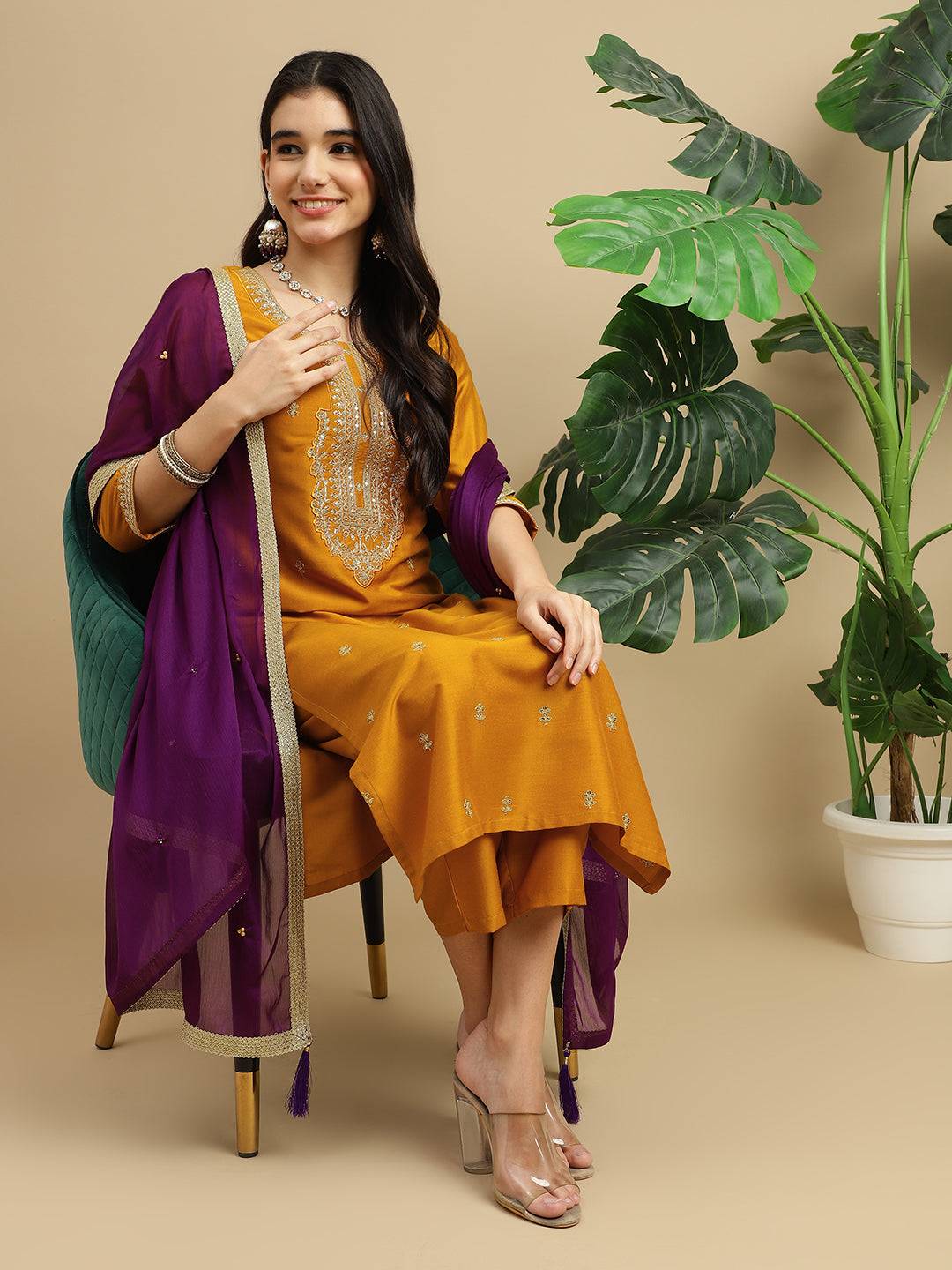 Mustard Embroidered Chinon Kurta Dupatta Set