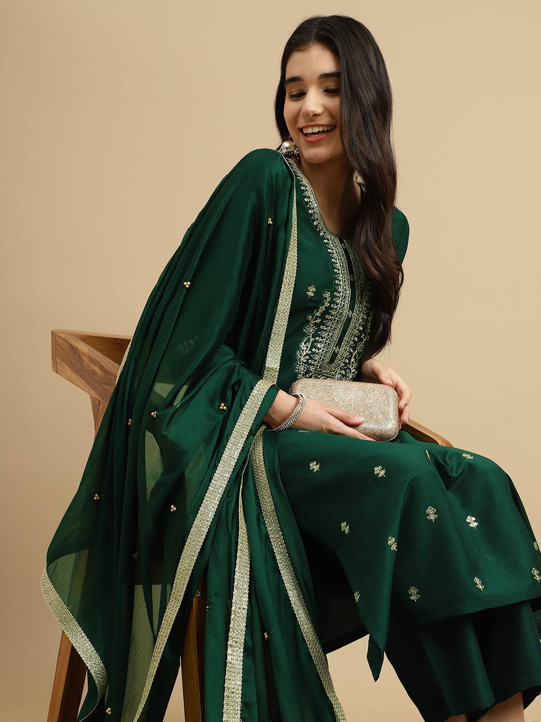 Green Embroidered Chinon Kurta Dupatta Set