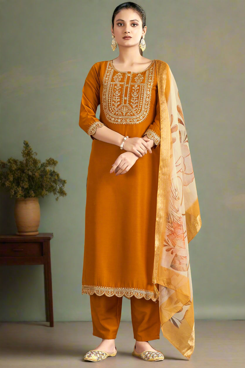Mustard Embroidered Chinon Kurta Set With Dupatta  Set
