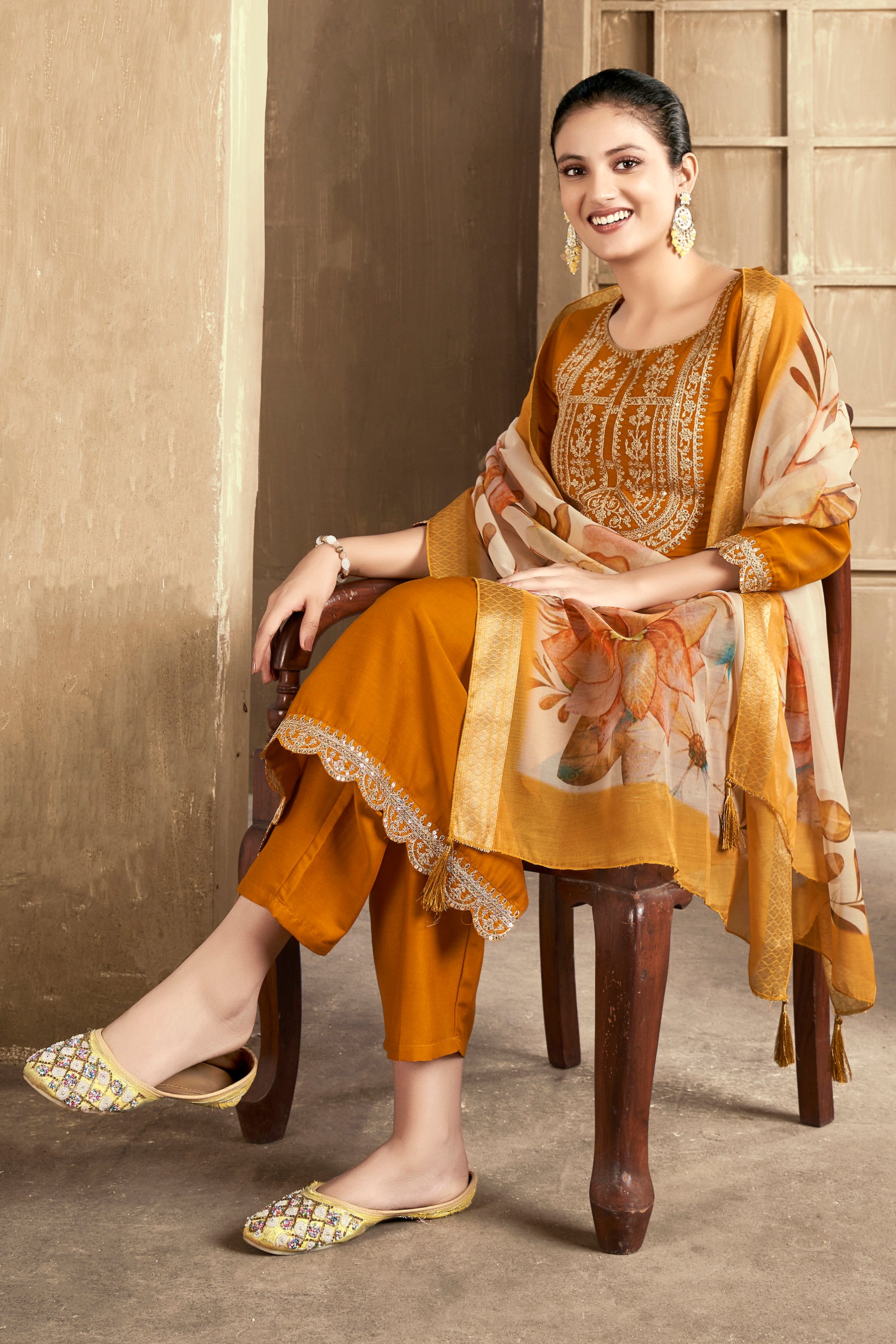 Mustard Embroidered Chinon Kurta Set With Dupatta  Set