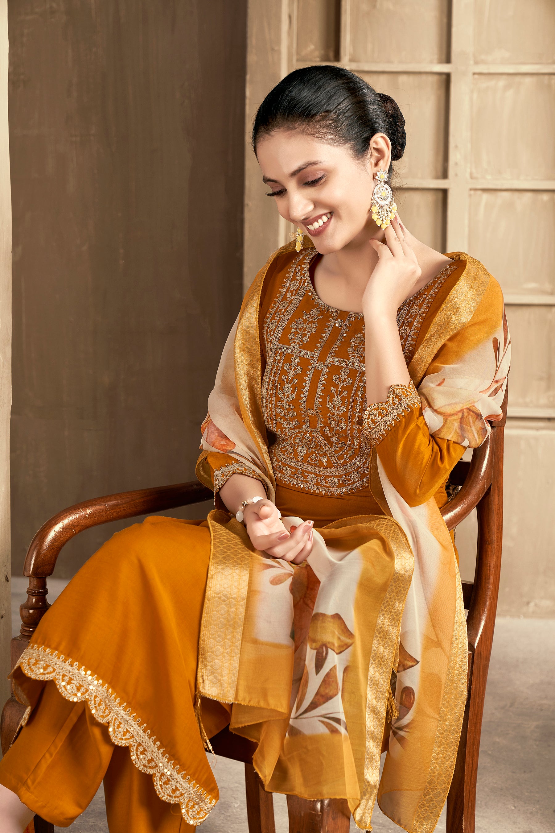 Mustard Embroidered Chinon Kurta Set With Dupatta  Set