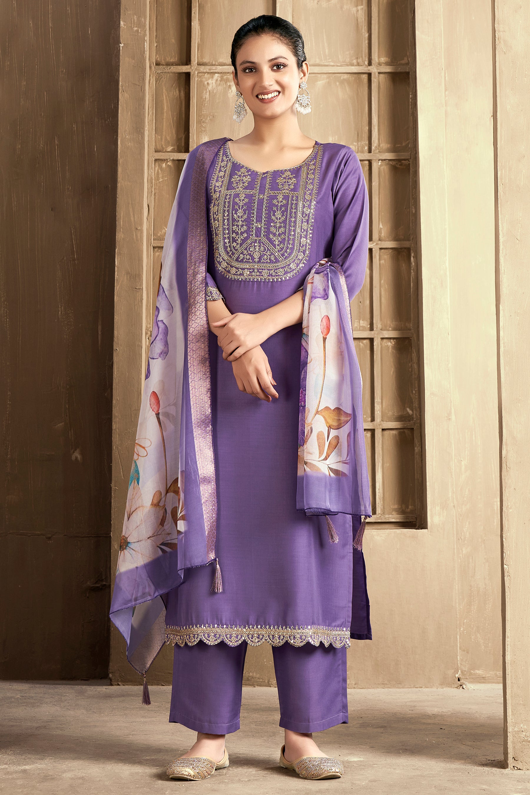 Purple Embroidered Chinon Kurta Set With Dupatta  Set
