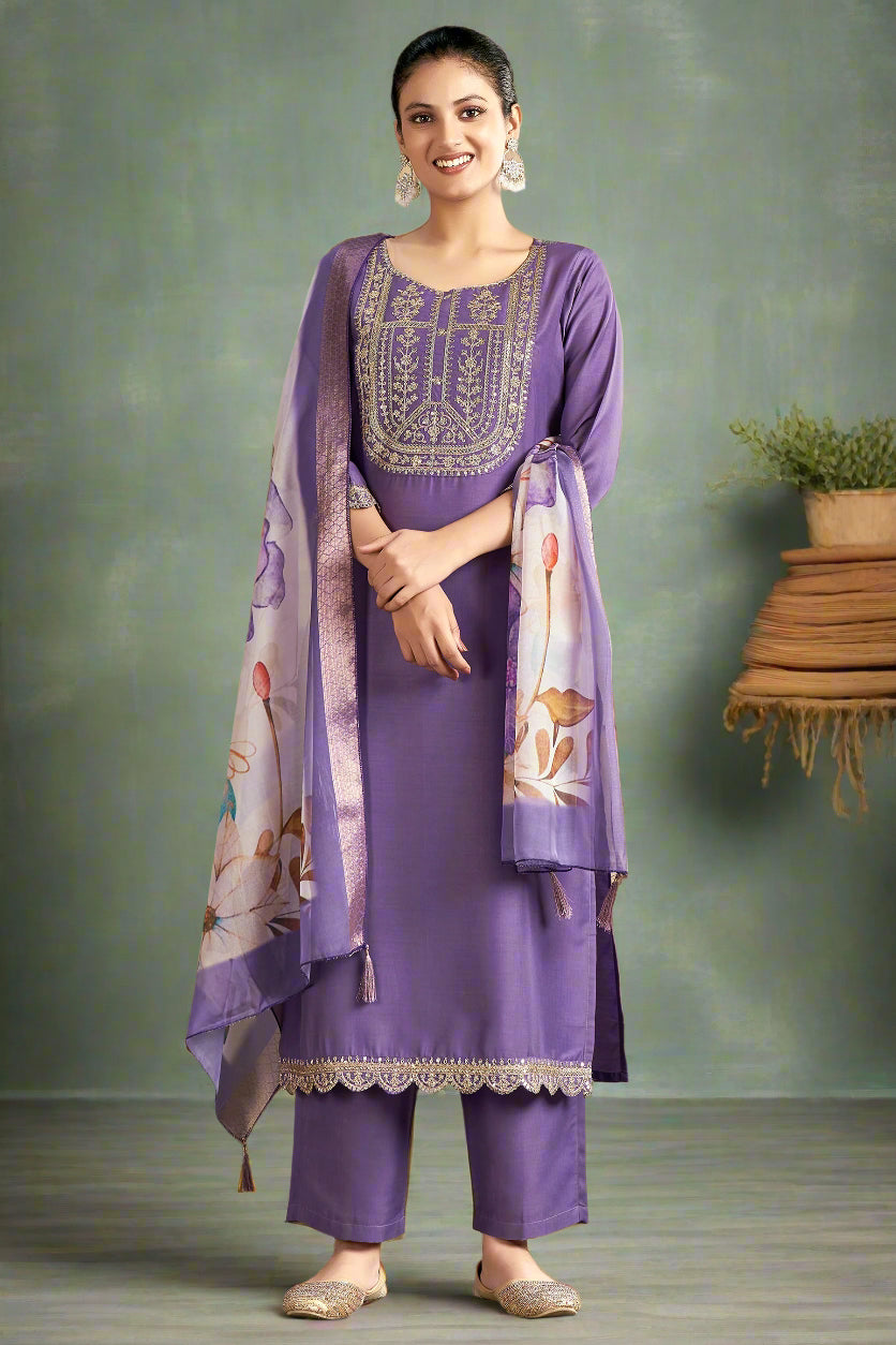 Purple Embroidered Chinon Kurta Set With Dupatta  Set