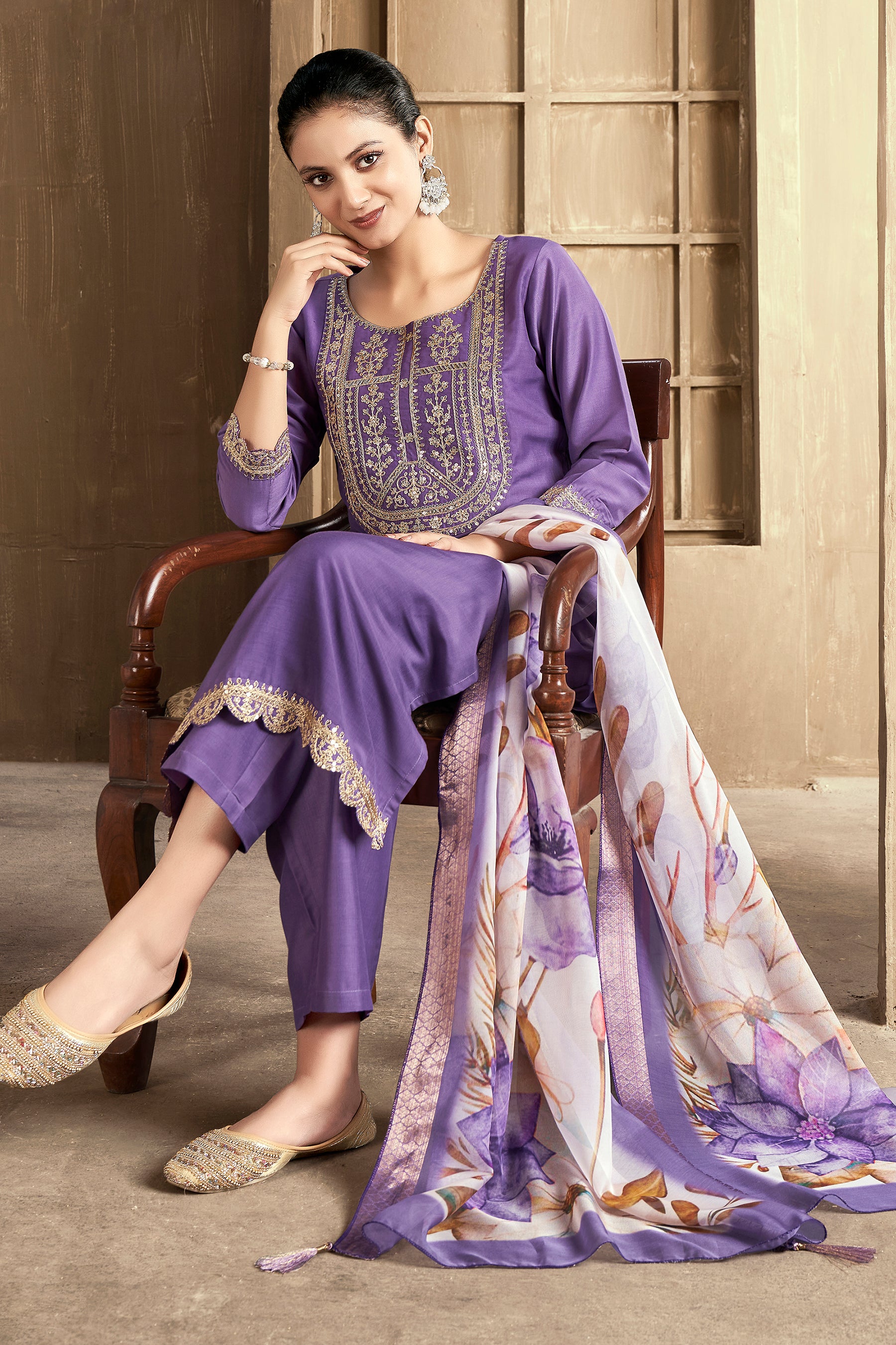 Purple Embroidered Chinon Kurta Set With Dupatta  Set