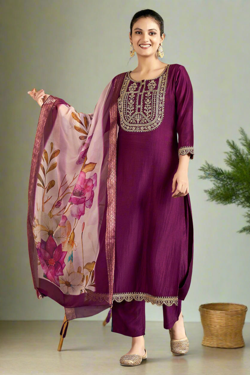 Wine Embroidered Chinon Kurta Set With Dupatta  Set
