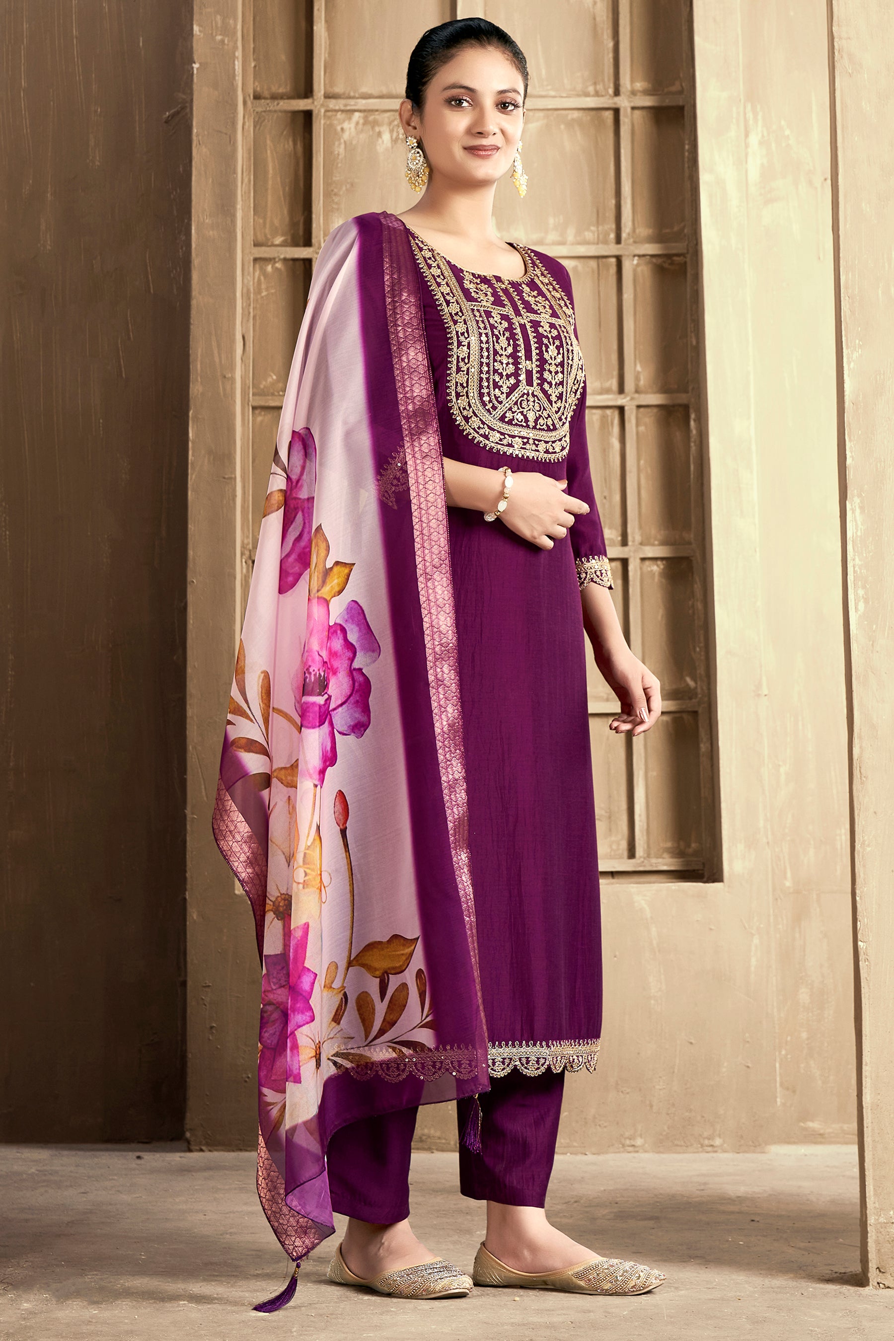Wine Embroidered Chinon Kurta Set With Dupatta  Set