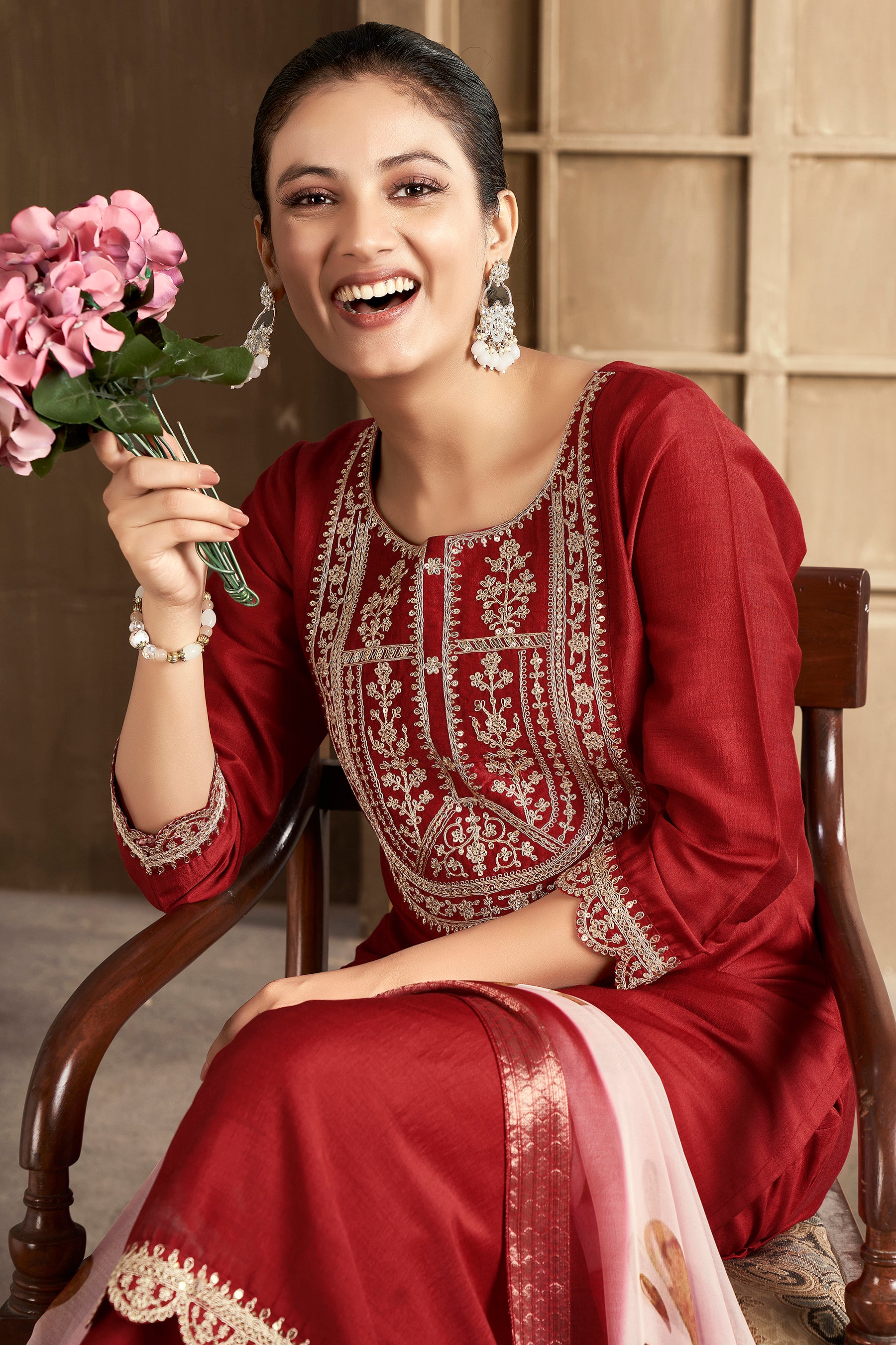 Rust Embroidered Chinon Kurta Set With Dupatta  Set