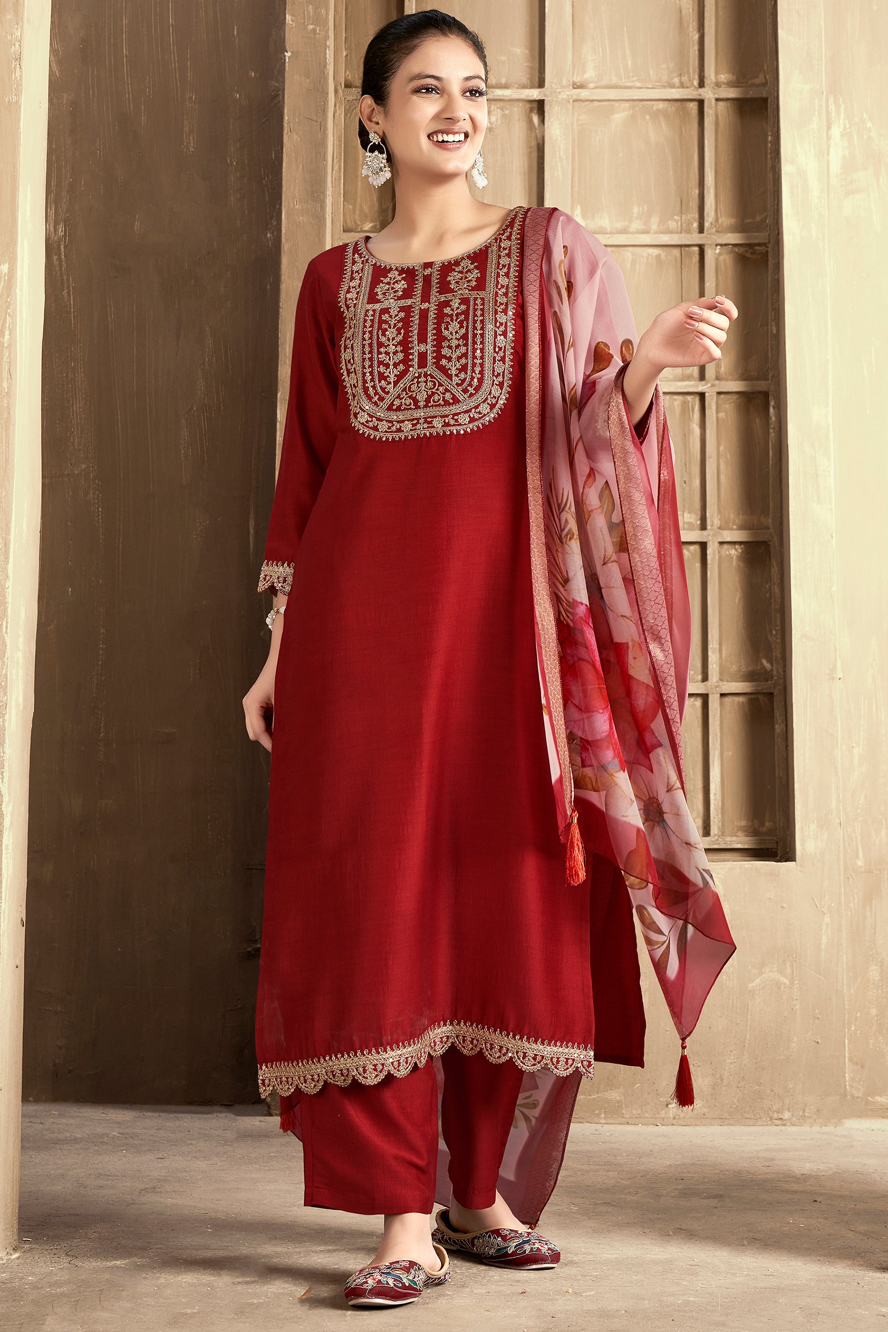 Rust Embroidered Chinon Kurta Set With Dupatta  Set