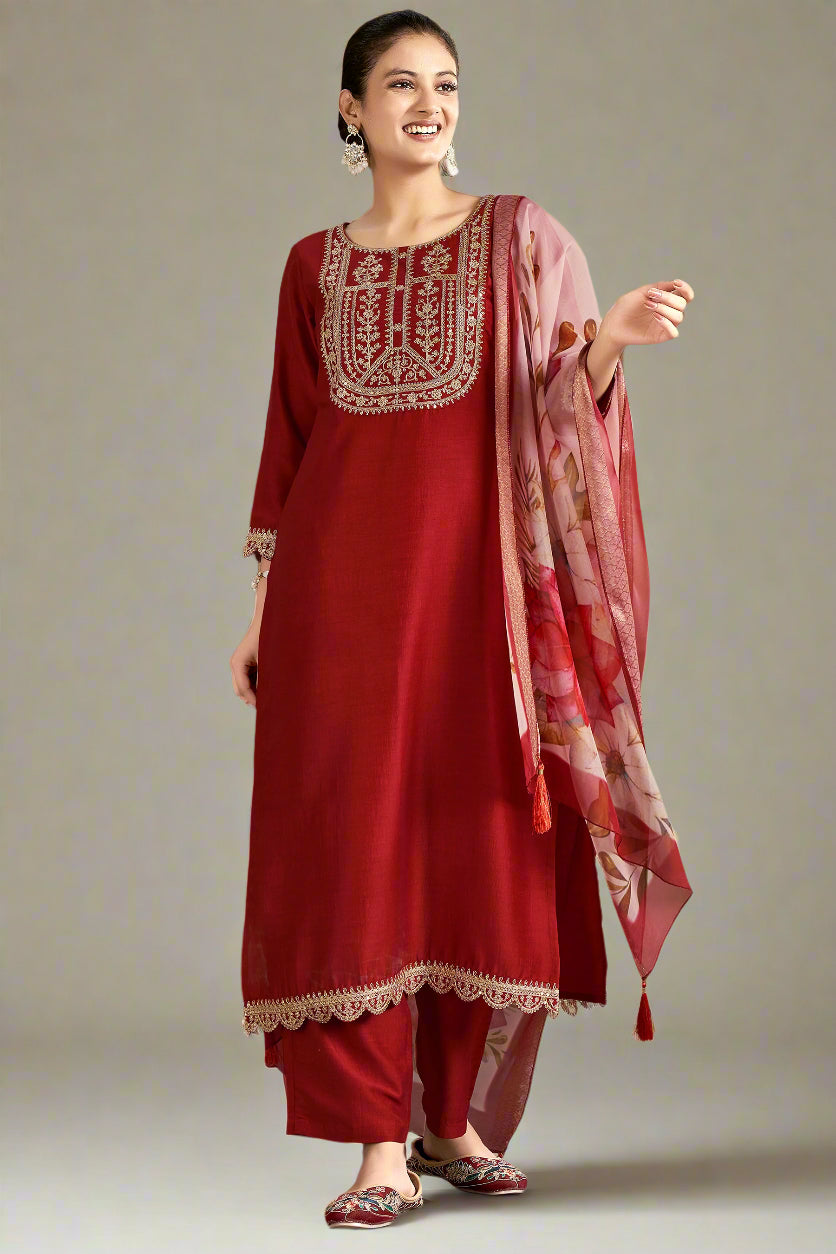 Rust Embroidered Chinon Kurta Set With Dupatta  Set